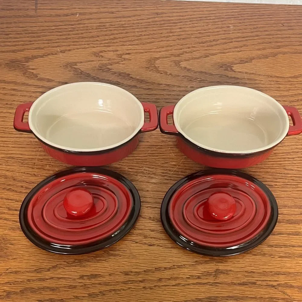Mini Stoneware Enamel Cocottes with Handles and Lid Red/Black ombre Set of 2